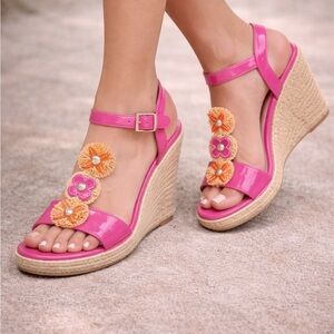 Etienne Aigner Hot Pink Floral Wedge Sandals